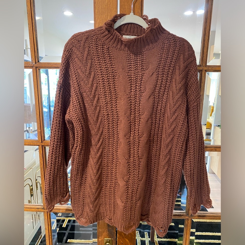 Entro Brown cable knit sweater. Cute Distressing detail. Size small.